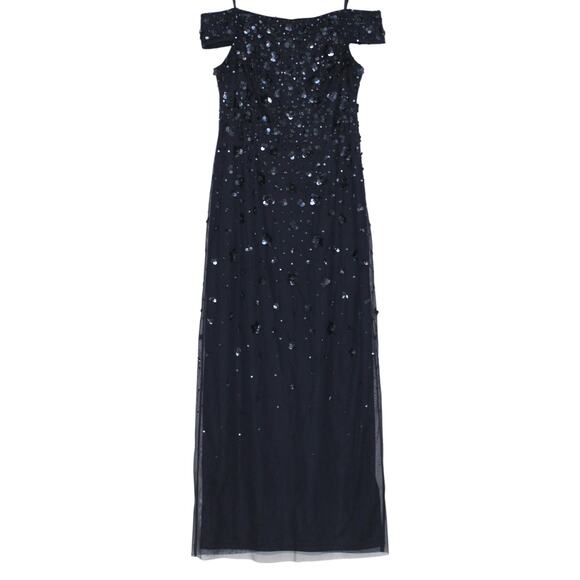 Adrianna Papell Navy Beaded Off Shoulder Formal Maxi Dress Size 14 - Picture 3 of 13